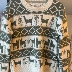 POL Green and Cream Llama Pattern Crewneck Sweater